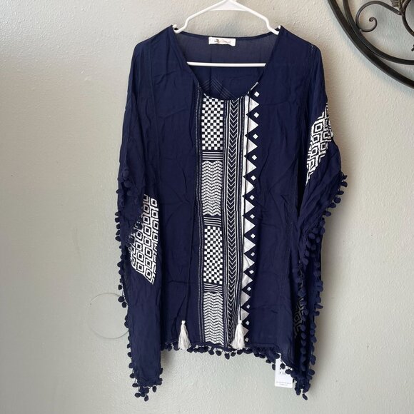Cupshe  Blue Boho Tunic Cover-Up with Tassels & Pom Pom Trim – One Size - Picture 1 of 12